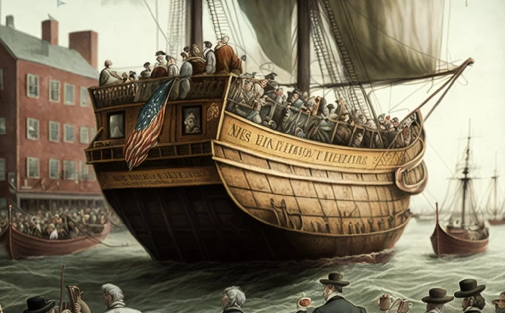 A renaissance painting of a ship with small boats and people on them visualizing the Boston Tea Party.