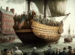 A renaissance painting of a ship with small boats and people on them visualizing the Boston Tea Party.
